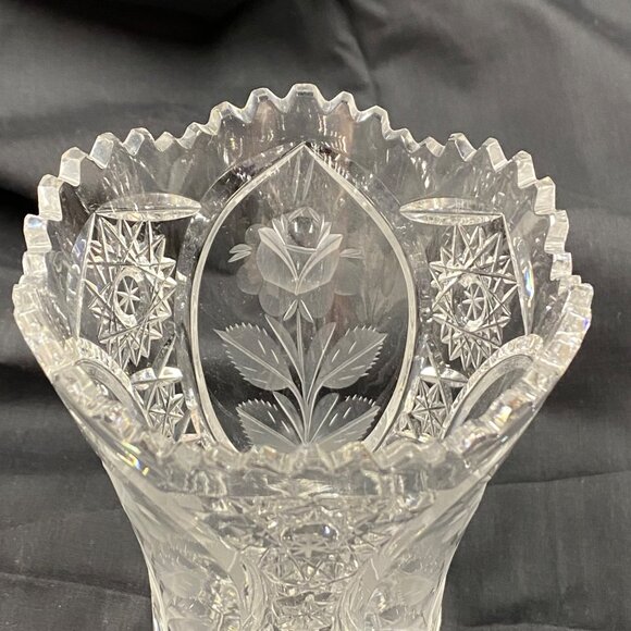 Antique American Brilliant Period Cut Glass Vase Etched Rose Stem ABS Small - Picture 9 of 14